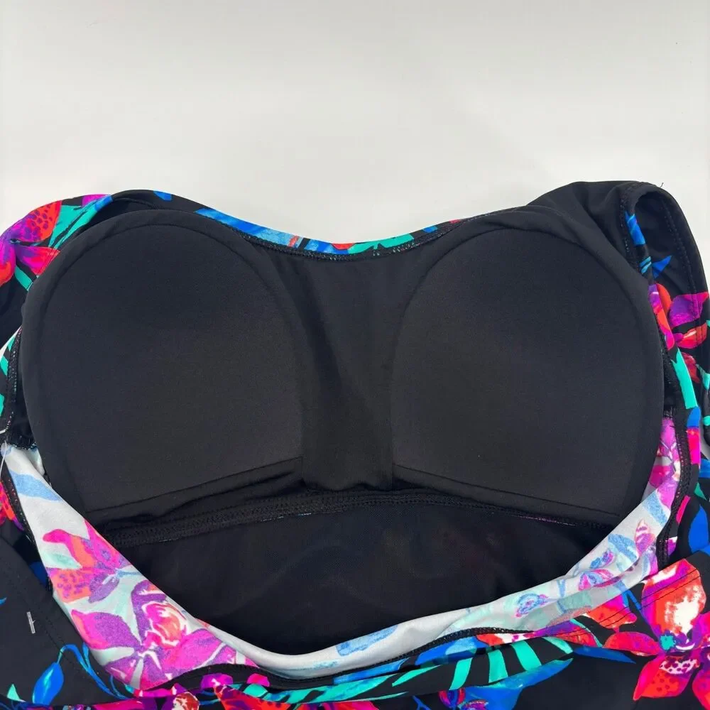 Shore Shapes Swimdress Women 16 Black Floral‎ New Asymmetrical Side Cinch sides